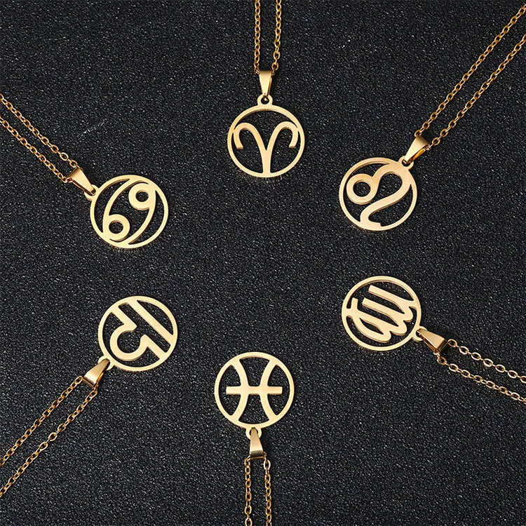 

Fabulous Gold Choker Fashion Round Zodiac Pendant Necklace Chain Twelve Zodiac Jewelry