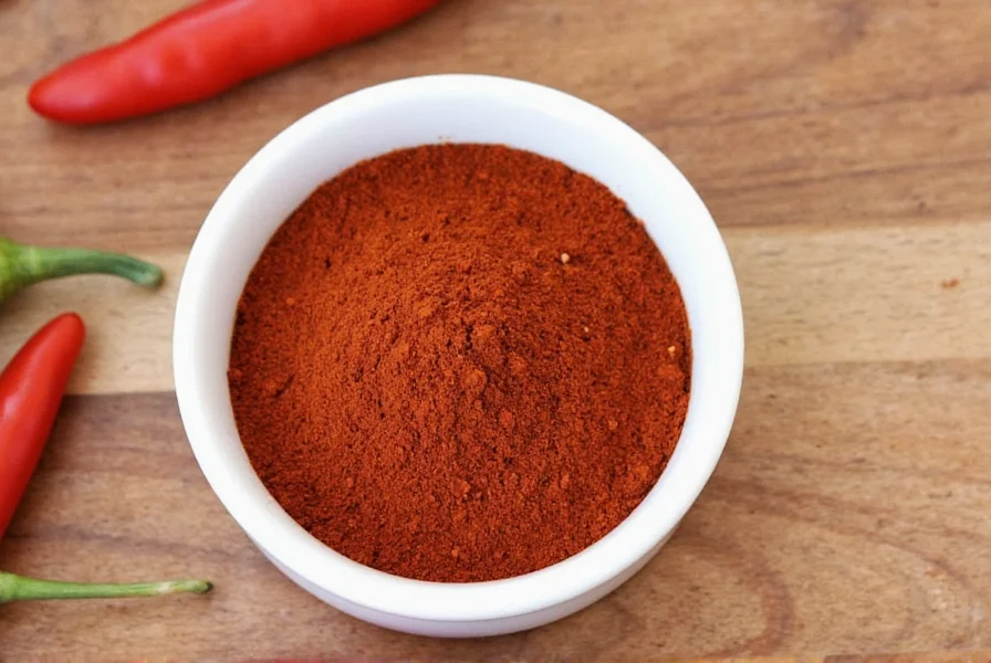 Hand grinding dried chilies in mortar and pestle to make fresh chili powder