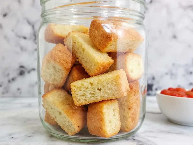 Homemade croutons stored in glass mason jar