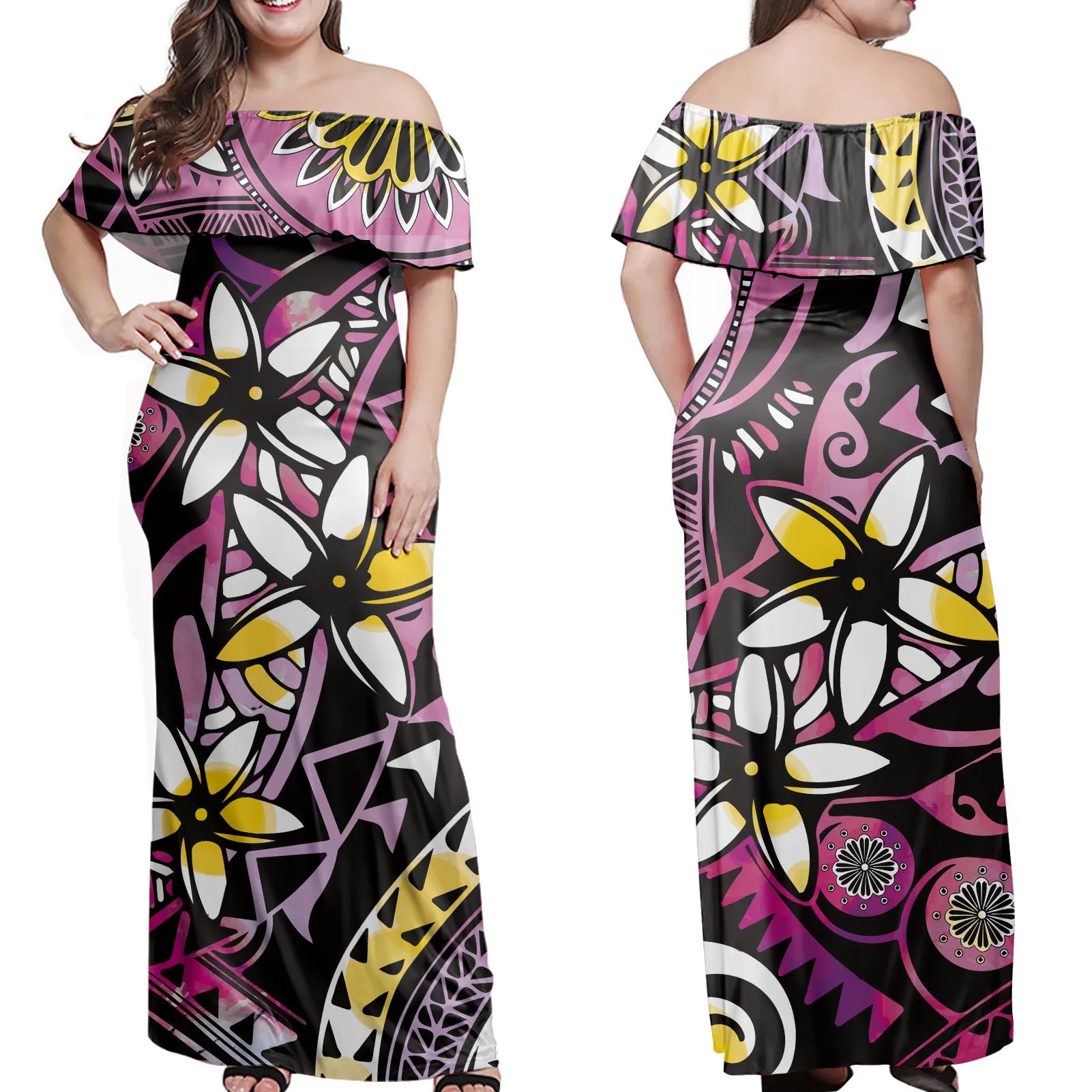 

2021 New Design 3D Logo Printed Sexy Samoan Polynesia Tribal Natural Vestidos Casual Women Off Shoulder Short Sleeve Dresses