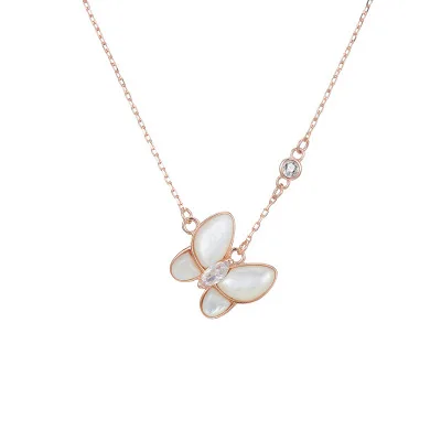 

S925 Sterling Silver Dainty Rose Gold butterfly Necklace White Pearl CZ Diamond Shell Pendant Necklace For Women Jewelry, Picture showing