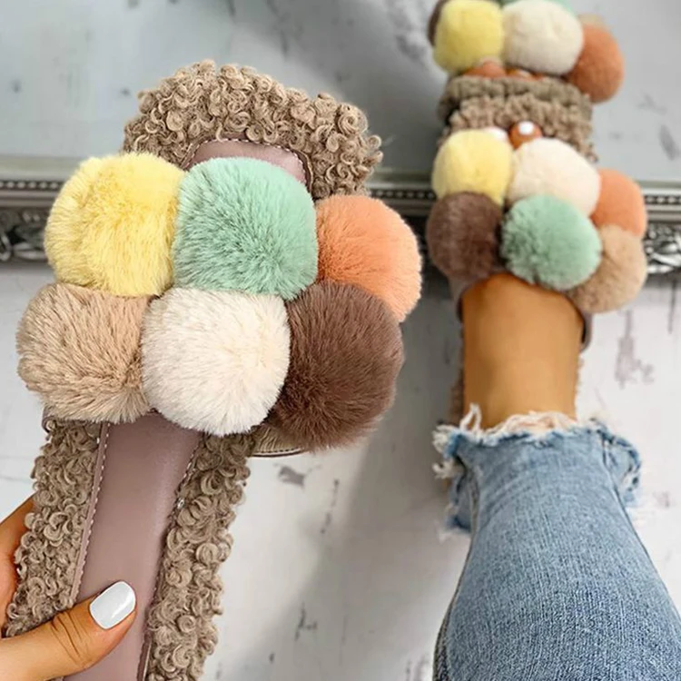 

Fashion Flat Shoes Women Square Toe Fur Slippers Slip On Casual Slides Sandals For Ladies