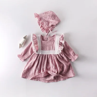

F10896A 2020 Spring style Lace long sleeve rompers baby cotton romper, Beige / rose