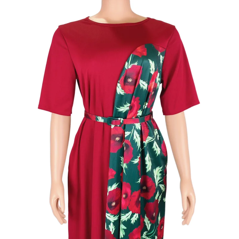 

Summer Fashion o neck short Sleeve flower print patchwork waistbelt Casual Maxi Long t shirt Dress Plus Size Dresses, Customized color
