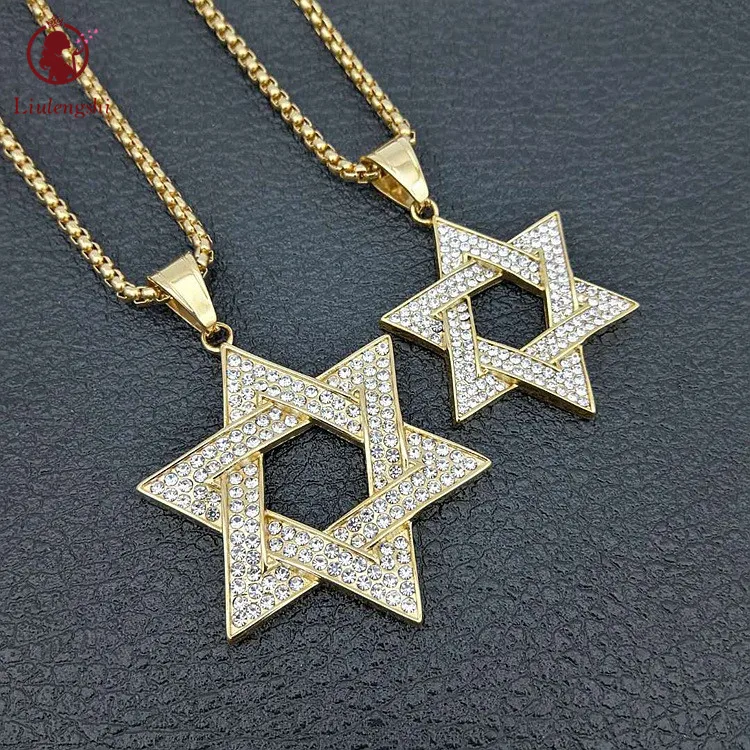 

New Arrival Trendy Jewish Jewelry Hexagram Star Necklace Stainless Steel Pave Rhinestone Zircon Star Of David Pendant Necklace