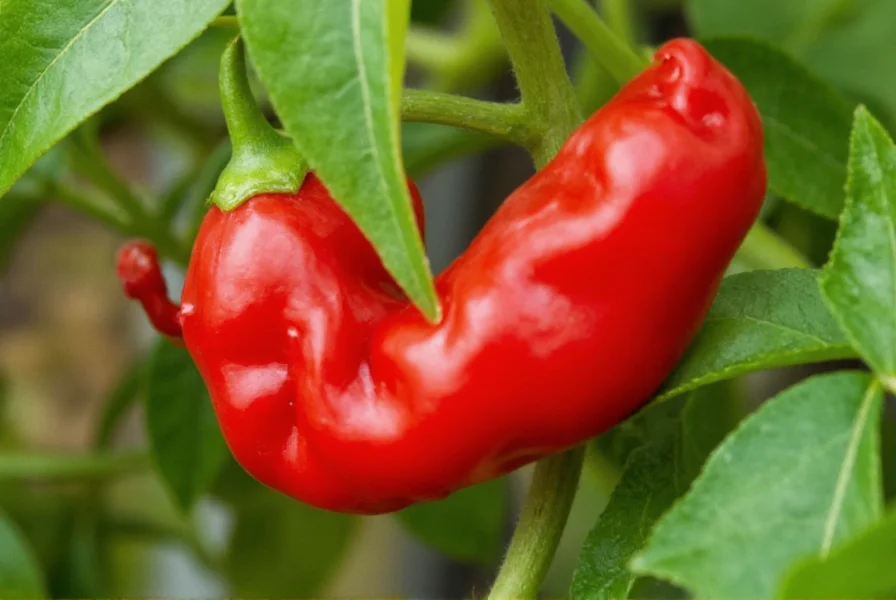Close-up photograph of ripe red Trinidad Scorpion peppers growing on plant with characteristic stinger-like tail