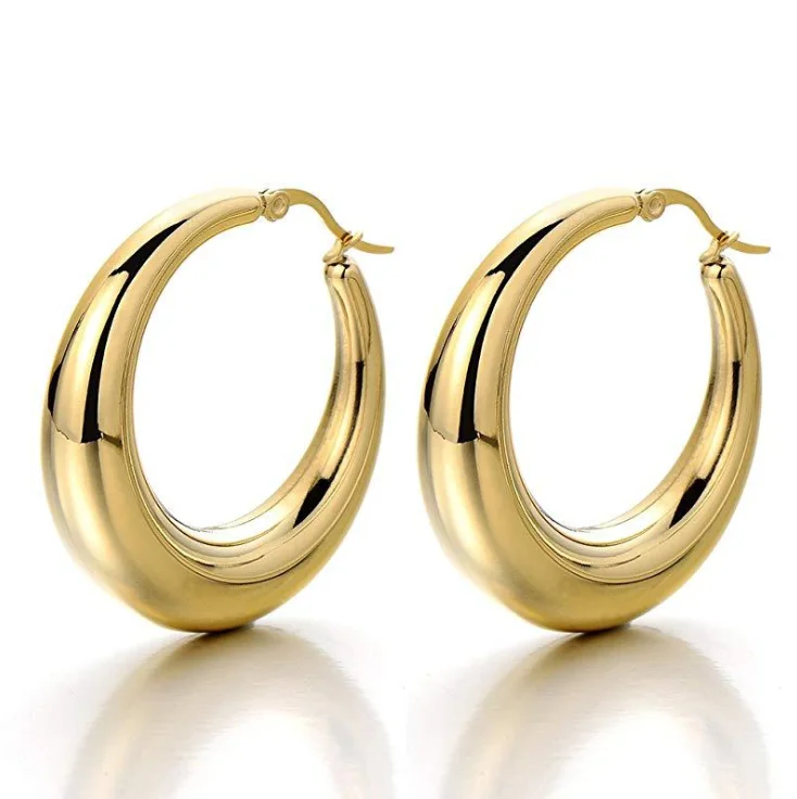 

New Arrive Hypoallergenic Stainless Steel Hollow Hoop Earrings Tarnish Free Gold Jewelry Wholesale Gold Oval Hoop Earrings, Gold color