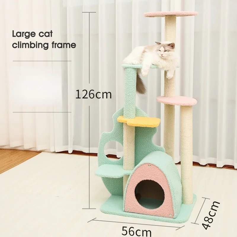 

large wooden cat tree tower condo with cats play house with scratches post cat tree, Colorful rainforest