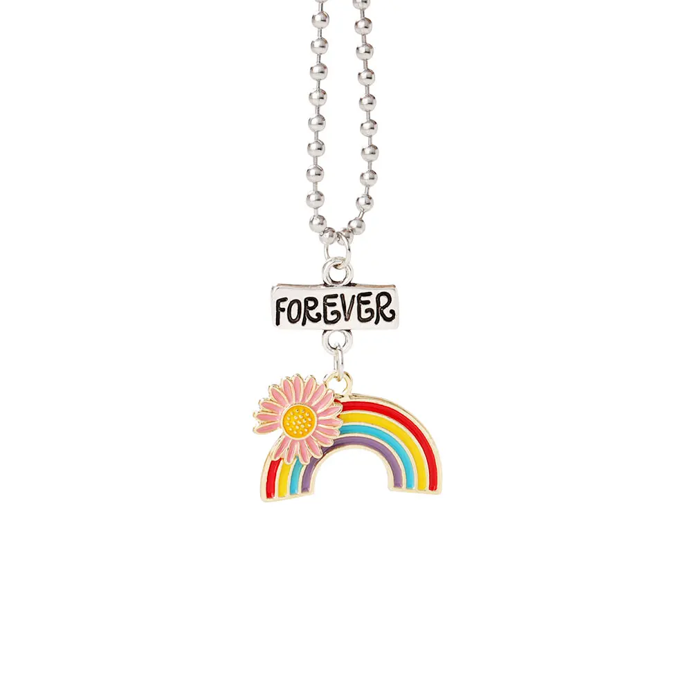 

Fashion Jewelry Bead Chain Enamel Rainbow Cartoon Daisy Pendant Necklace for Women, Silver