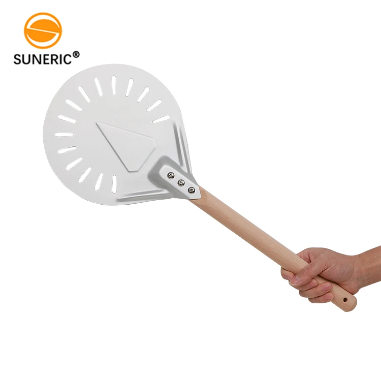 

Round aluminum shovel perforated pizza peel with detachable wooden handle