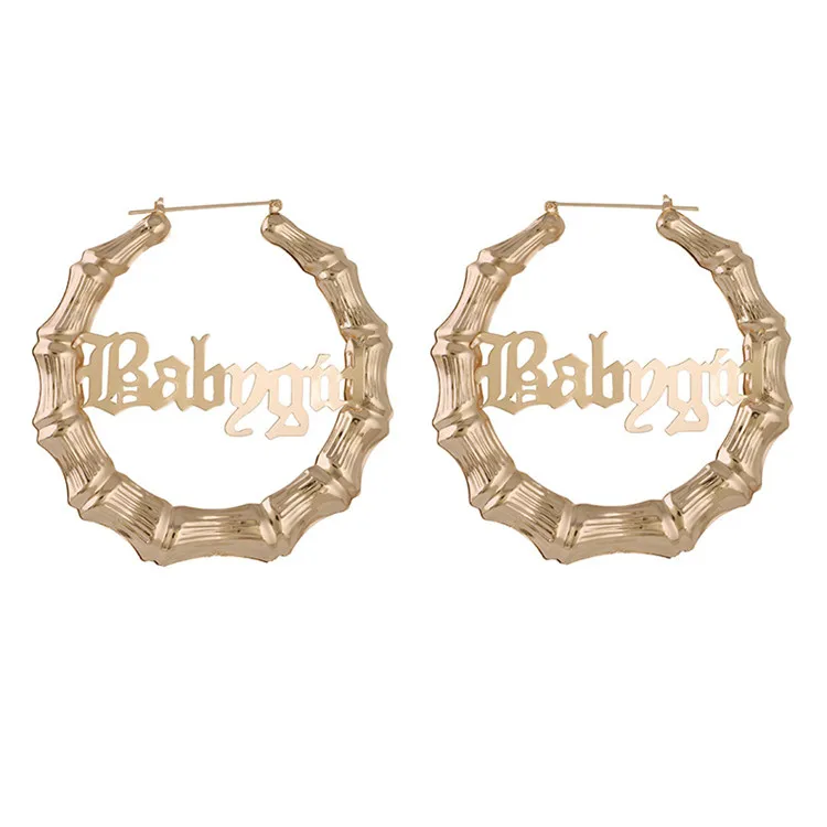 

Personalized 9Cm Huge Bamboo Name Oversize Fashion Hoop Bamboo Earrings Women, Gold silver