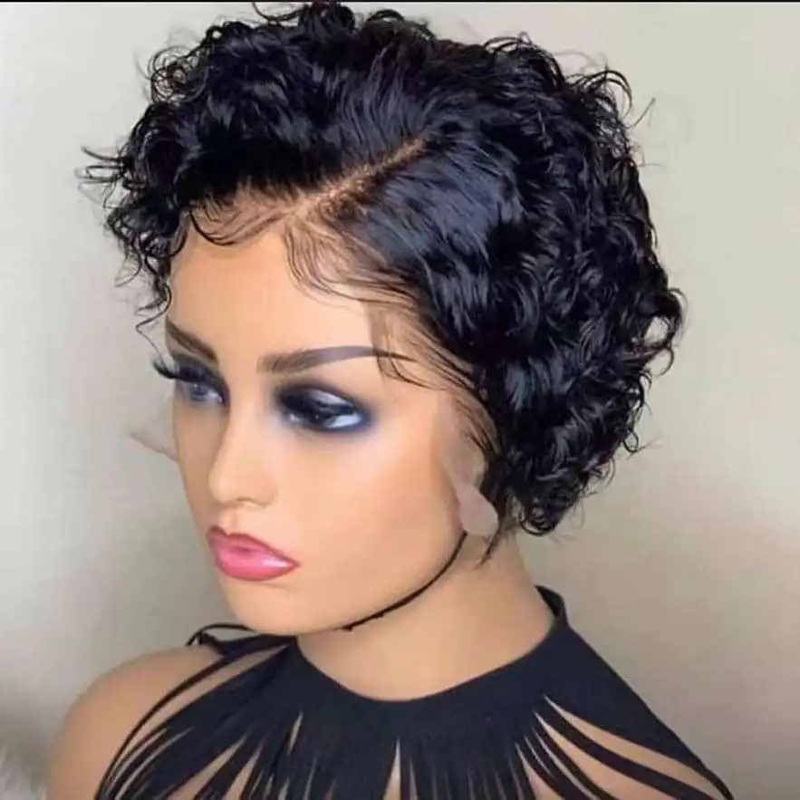 

Mellow Waves short curly pixie wigs Natural Color lace front wigs PeruvianHair Human Hair Wig 6 inch, Natural color lace wig