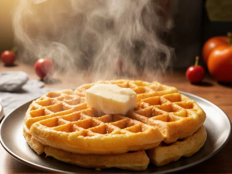 Golden brown homemade waffles with steam rising