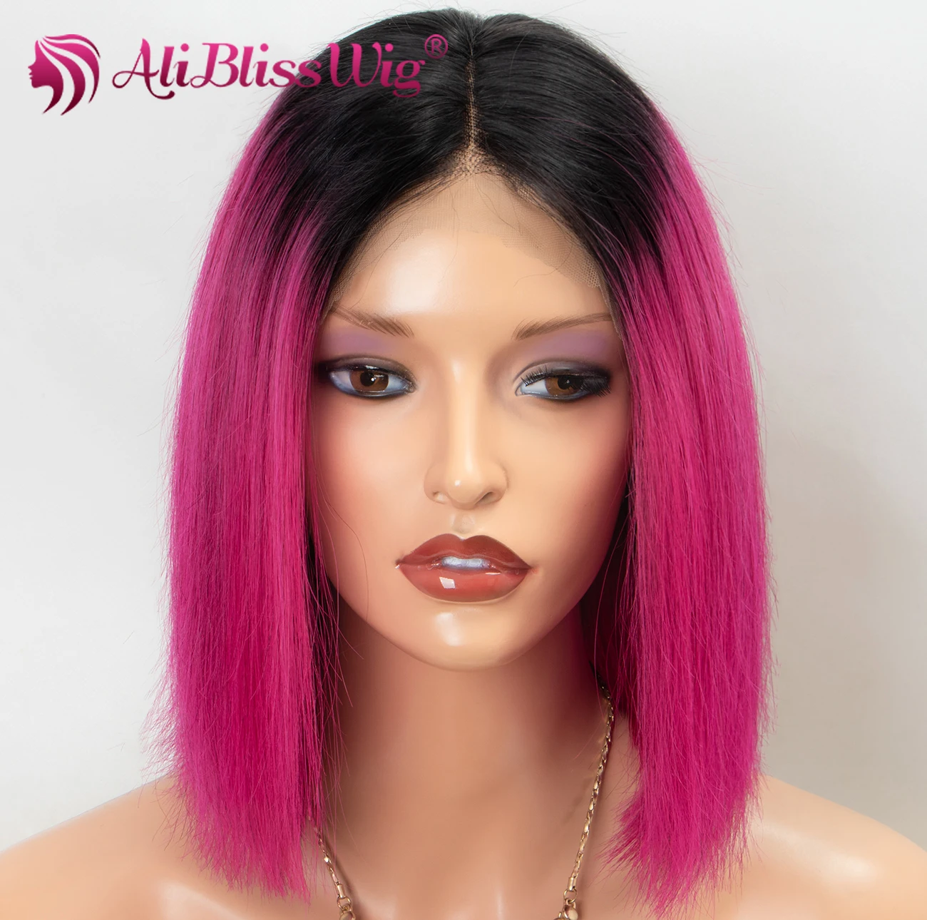 

Aliblisswig wholesale 100% Human Hair Natural Hairline Wigs Ombre Pink Short Bob wigs Black Roots Lace Front Wigs For Women