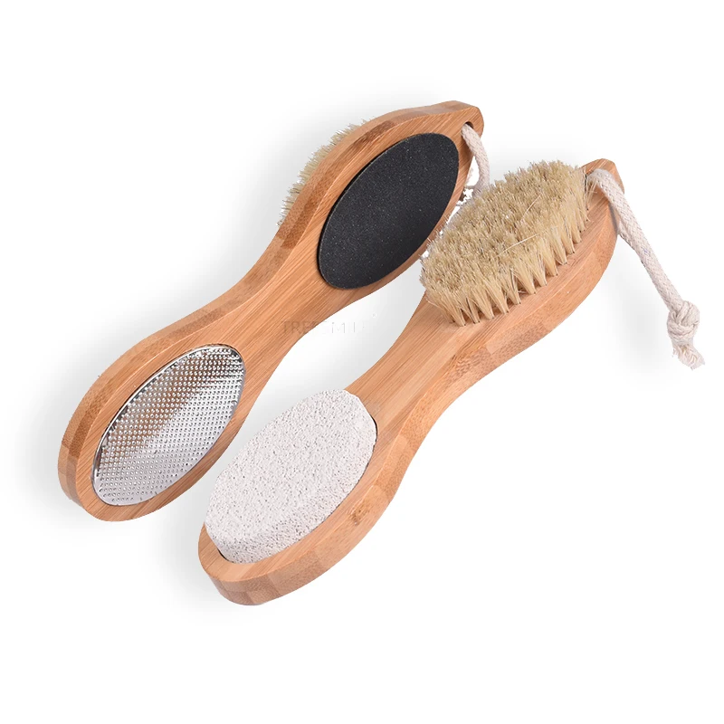 

Natural bamboo Foot Callus Remover Multi Purpose 4 in1 Feet Pedicure Tools with Foot Scrubber Pumice Stone Custom logo Treesmile, Wood color and volcanic (natural)