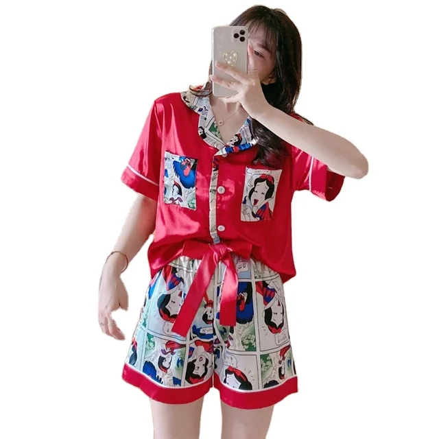 

Wholesale Summer Thin Short Sleeve Shorts Set Young Girls Cute Cartoon Princess Pattern Washable Silk Pajamas, As show