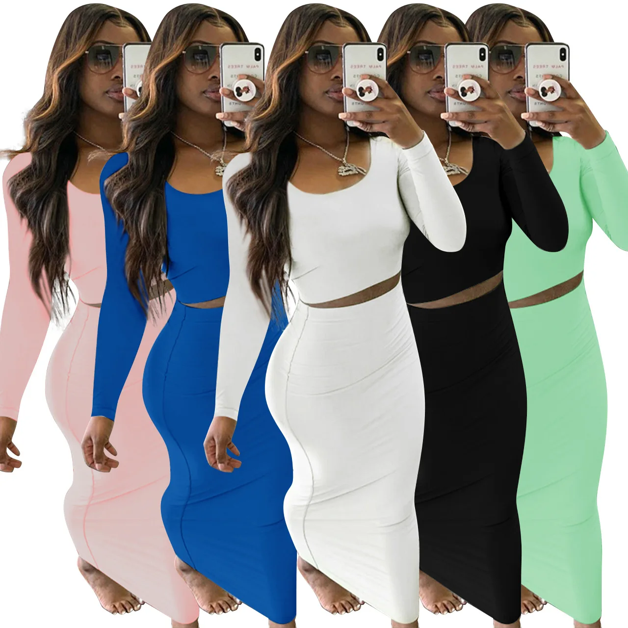 

2 Piece Sexy Cropped Short Top Slim Tracksuit Solid Color Long Sleeve Outfits Casual Two Piece Skirt Set Women, Shown