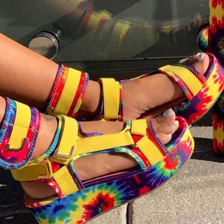 

Wholesale Price Open Toe High Platform Special Design T-Strap Women Tie Dye Sandals For Outdoor Beach Sandals