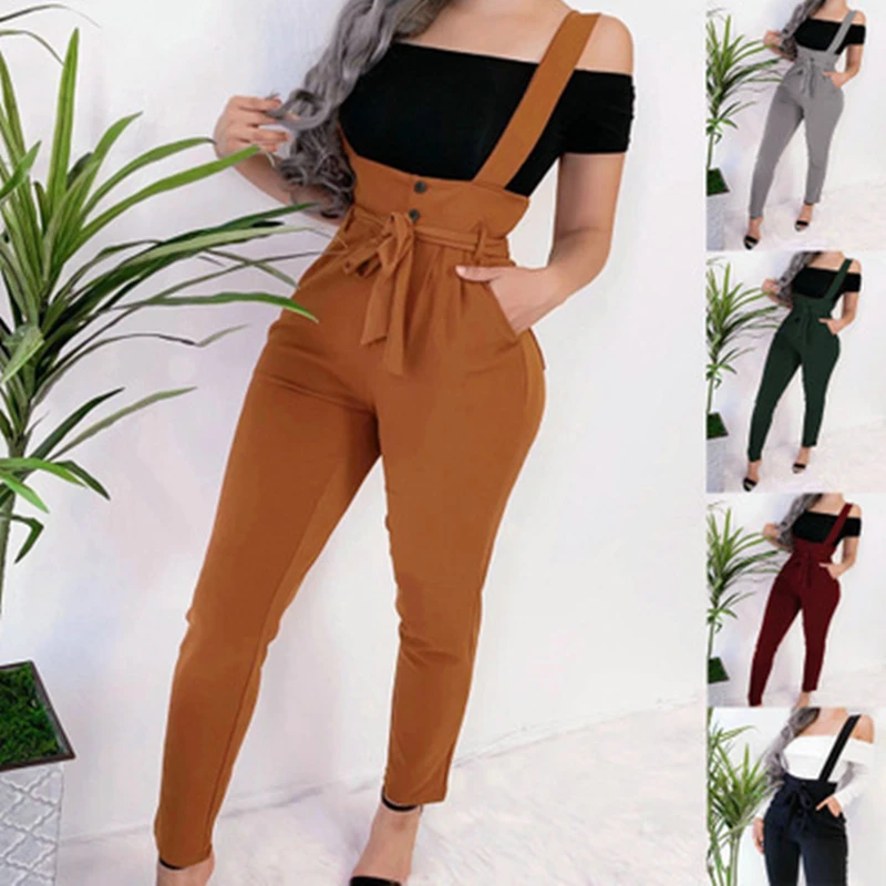 

2020 New Arrivals Women's Casual High Waist Pants Suspender Jumpsuits Overalls Coldker, As shown