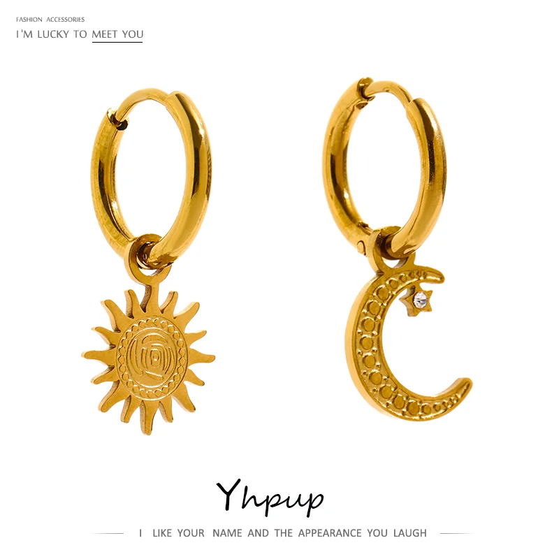 

JINYOU 1769 High Quality 18K Metal Gold Color Asymmetry Earrings Stainless Steel Sun Moon Hoop Earrings