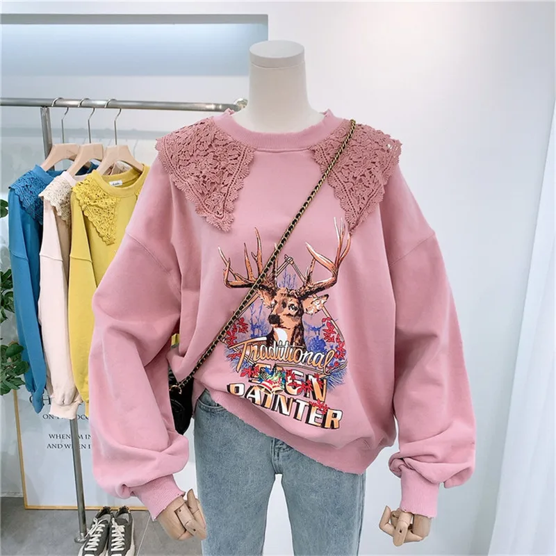 

2020 Harajuku Christmas Elk Hoodies Women Korean Sweatshirt Baggy Tops Lace Pullover Coat Plain Tops Blouse Hoody