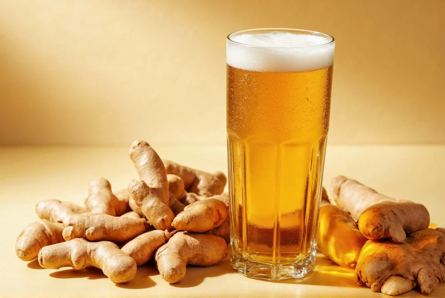 Close-up of ginger root next to bottle of ginger ale showing natural ingredients