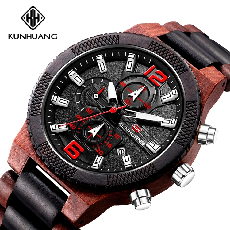 

KUNHUANG 1019 waterproof black sandalwood zebra design wood watch private label wooden watch for men