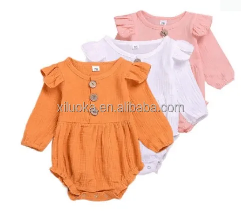 

OEM Design Baby Clothes Romper Solid Color Muslin Cloth Long Sleeve Baby Romper, Picture