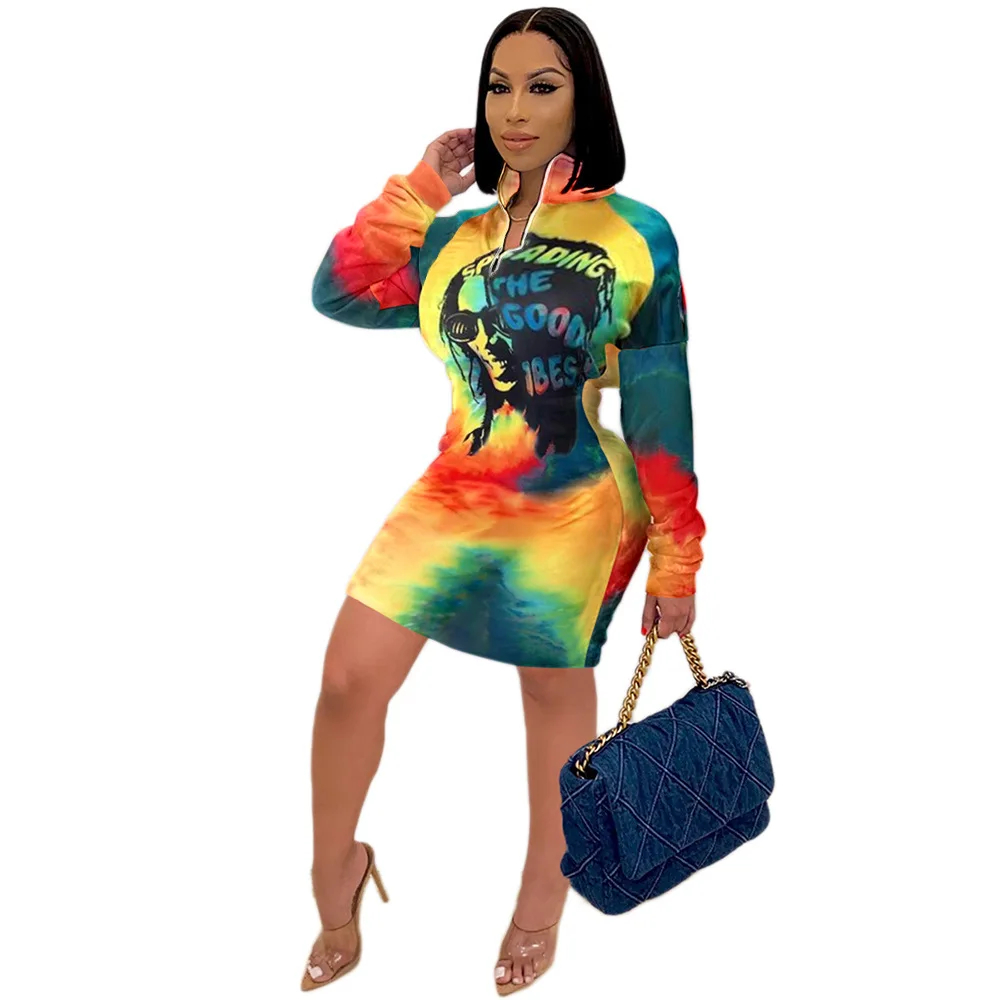 

Spring Summer European Dress Fashionable Sexy Printing Long Sleeve Short Skirt Women Dress, Picture color