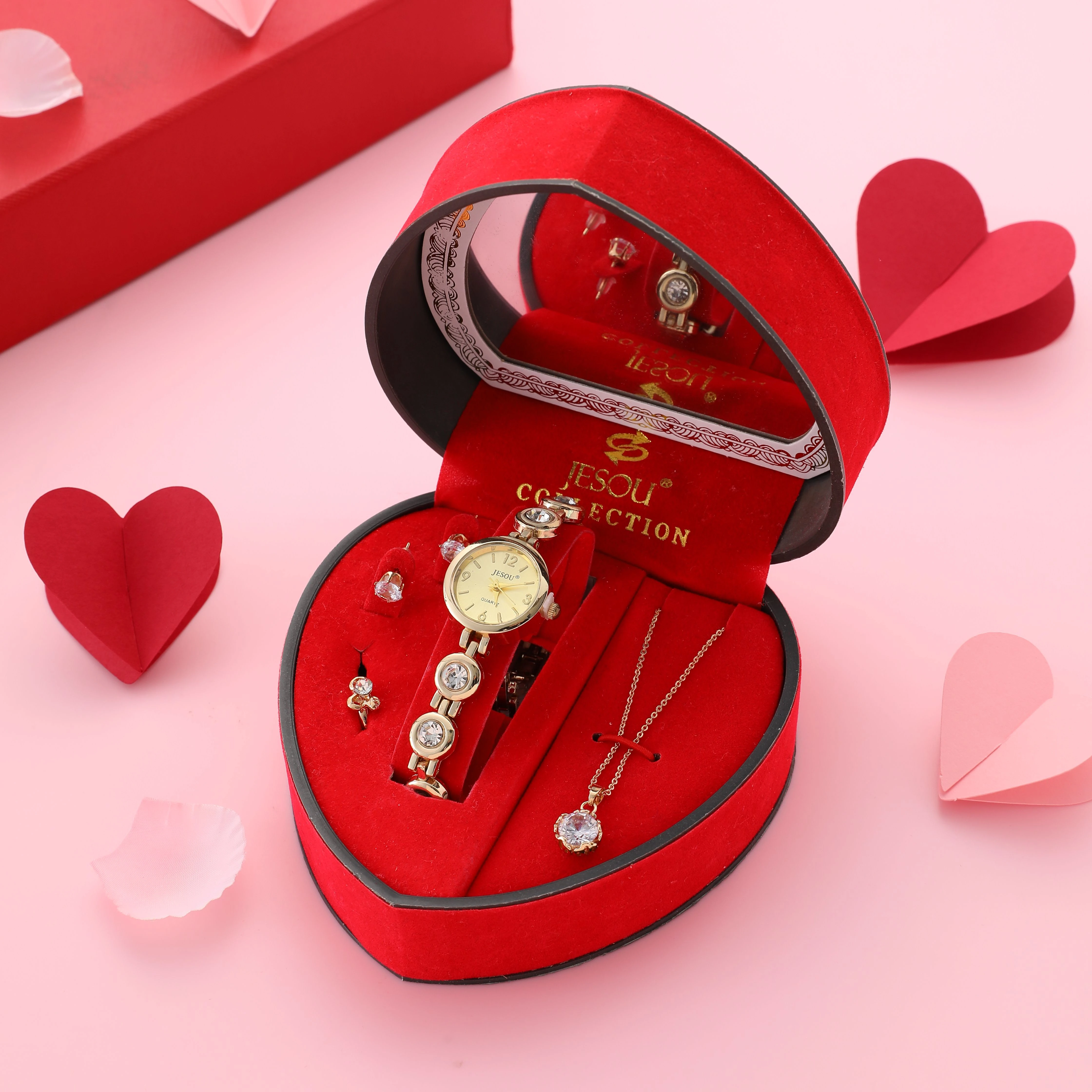 

Luxury Jewelry Gift Set 2022 new arrival ladies watch exquisite necklace ring earrings jewelry 4pcs red heart shape packaging, Multiple color options