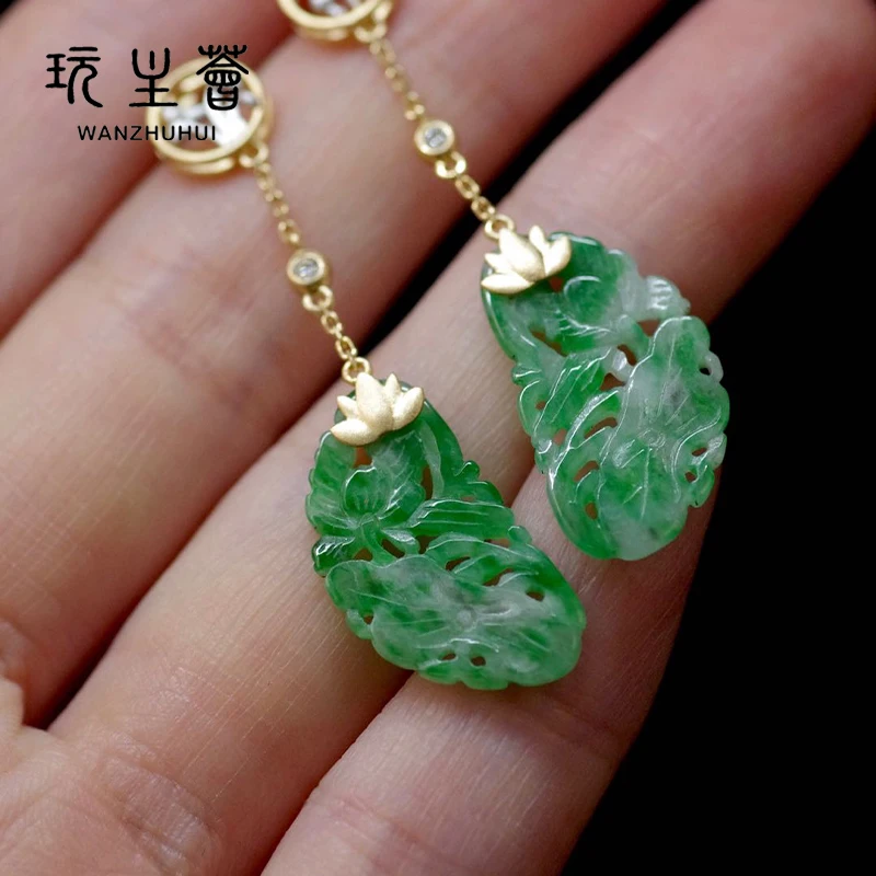 

S00004 New fashion Jade 18K pure gold diamond top lotus dazzling Earrings, Silver