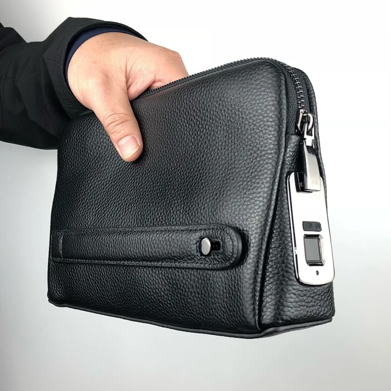 

Top Amazon 2022 Genuine Leather Anti Theft Fingerprint Lock Business Men Clutch Purse Zipper Bag waterproof Man Leather Handbag, Black