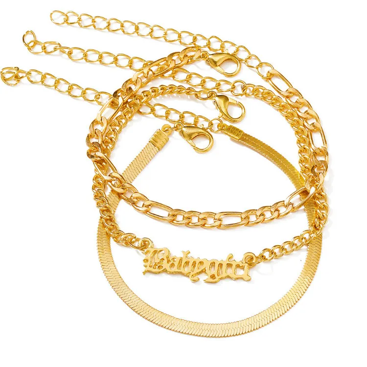 

New snake bone chain letter three-layer anklet punk style fashion anklet alloy anklet women, Gold