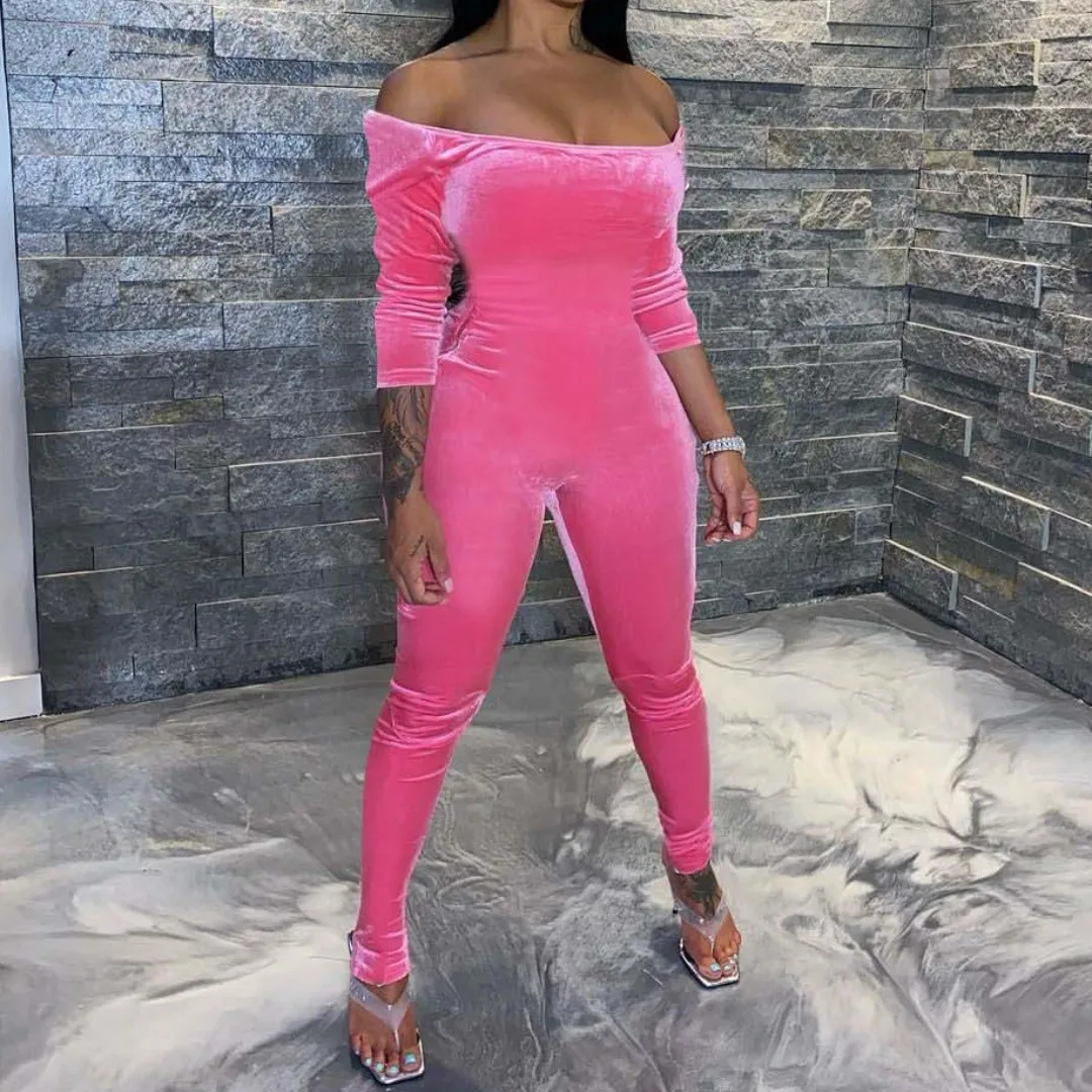 

Fall 2021 Women Winter Clothes Skinny Long Sleeve Jumpsuits Elegant Women 2020 One Piece Velvet Jumpsuit For Women, Yellow,red,black,pink