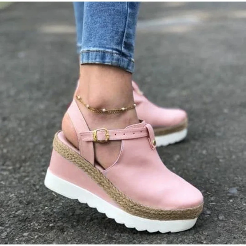 

Woman Buckle Strap Straw Thick Bottom Flats Platform Sandals Flock Female Shoes Summer 2021 Women's Sandals Vintage Wedge Shoes, As photo