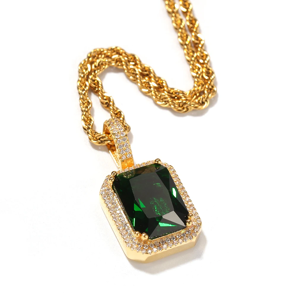 

2020 Women Men Hip Hop Gold Iced Out Cz Bling Square Pink Diamond Stones Pendants for Necklace, Red/blue/pink/green