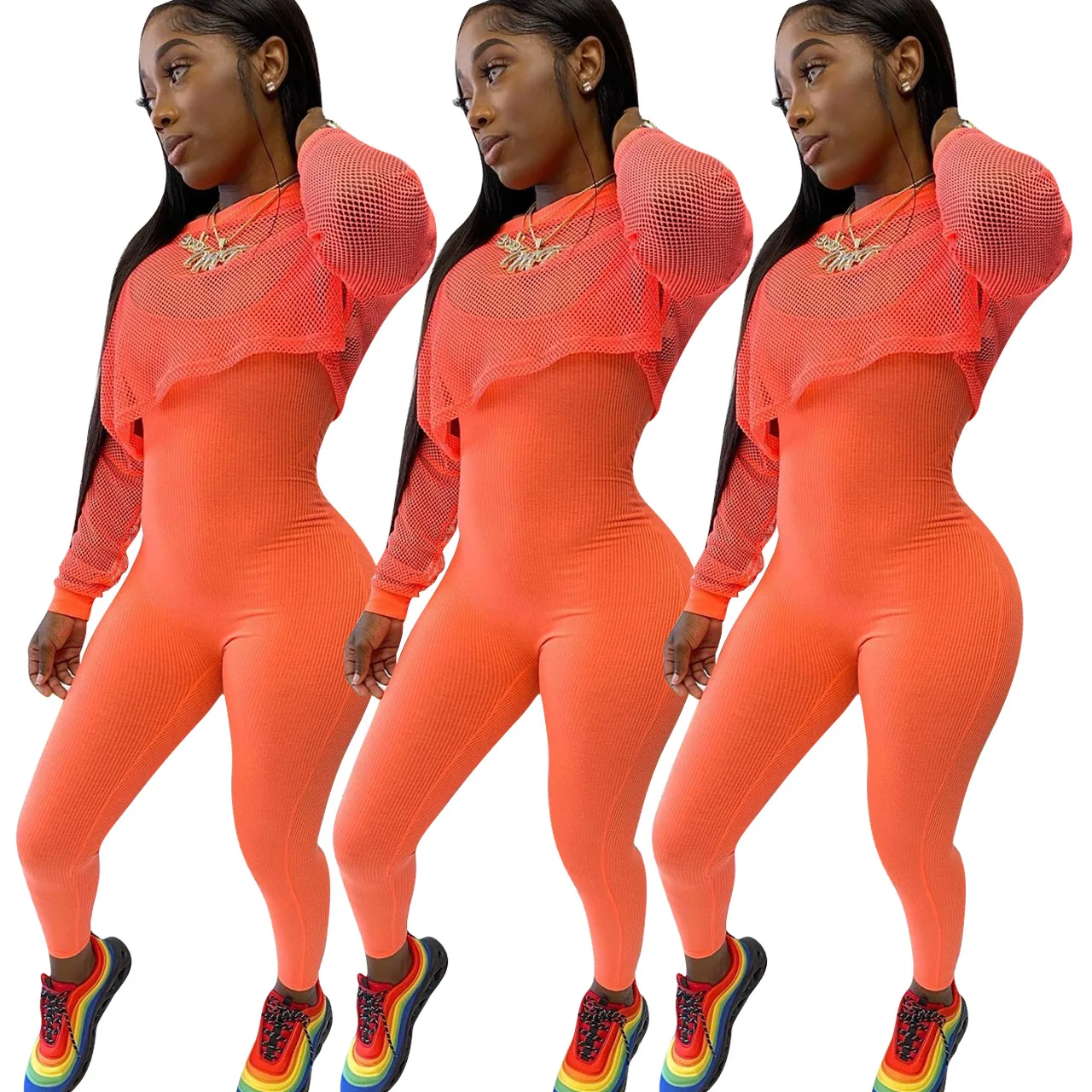 

Women's Orange Color Jumpsuit 2 Piece Sets Outfits Tracksuit long pant jumpsuit legging GYM Workout Mesh jumpsuit Playsuit, Orange jumpsuit