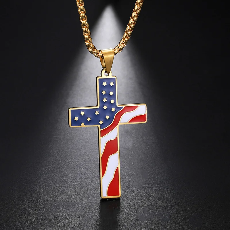 

Fashion American Flag Necklaces Baseball Cross Necklace Men Stainless Steel Chain Enamel Jesus Religion Jewelry Amulet Gift, Steel color, gold