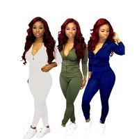 

Fashion V-neck OL-style Solid Color Zipper Jogging Suit Long Sleeve Top+Pencil Pants Women's Two-piece Set