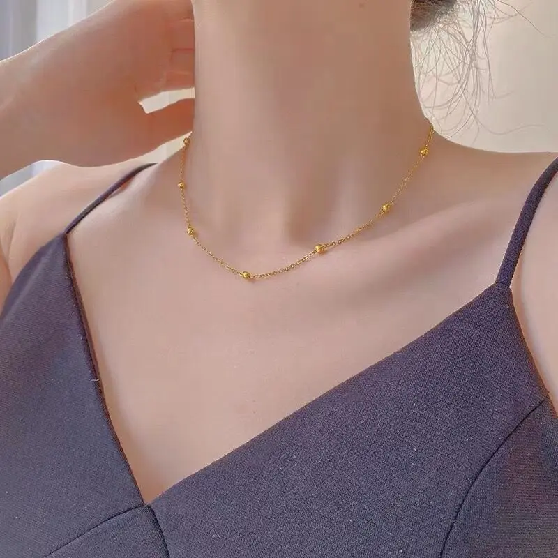 Charming and minimalist women's stainless steel PVD electroplated 18K gold bead collarbone chain necklace