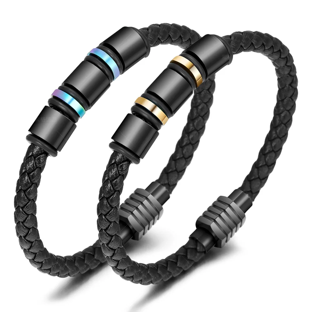 

New Fashion Trend Leather Braided Men and Women Stainless Steel Bracelet Couple Genuine Leather Bracelet, Black