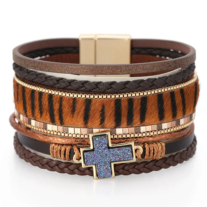 

European Hotsale Druzy Cross Leather Cuff Bracelet Gold Plated Magnetic Clasp Multi Layer Leather Bracelet for Women Girls