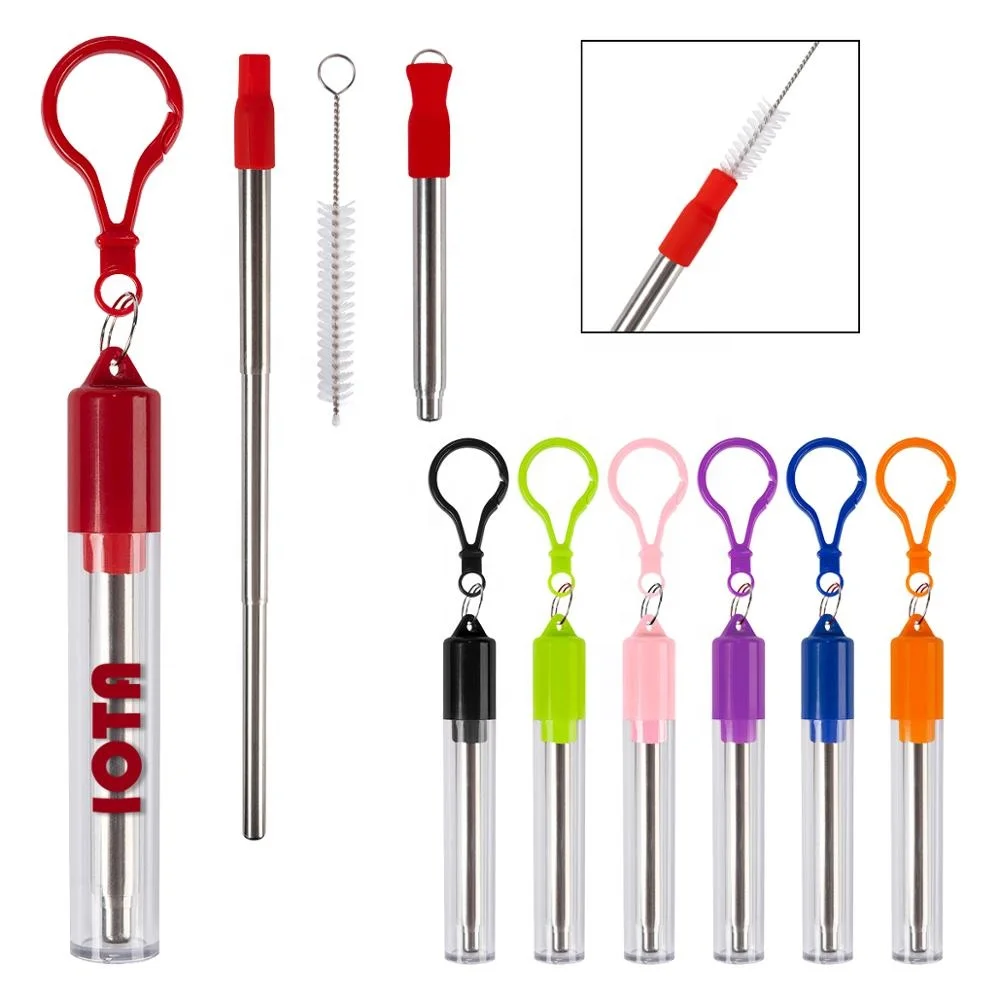 

Outdoor Portable Eco-friendly Reusable 304SS Metal Cleaning Brush Drinking Telescopic Straw In Clear Plastic Tube With Carabiner, Pms color