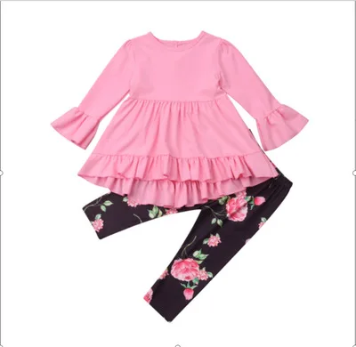 

RTS Girls foreign trade explosion model solid color stretch top dark printed pants kids children clothing suit, As pic