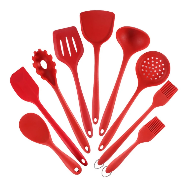 

Factory Price Colorful Heat-resistant Cooking Tools 9-piece Silicone Kitchenware Cookware Set, Black red
