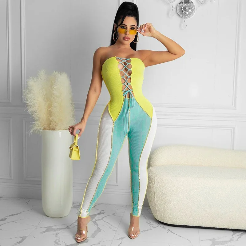 

women's clothing splicing hit color sleeveless off the shoulder bandage jumpsuit tight belted trousers, Picture