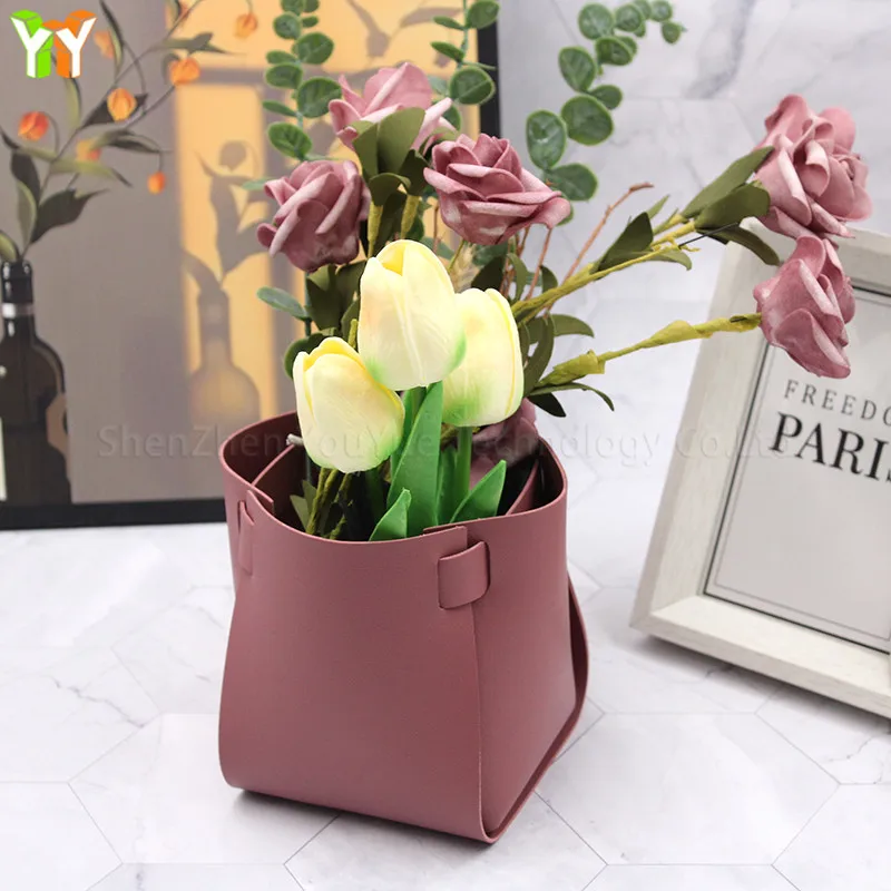 

Flower Hanger Pot Holder Leather Gift Storage Boxes Flowers Bouquet Packing Bag Hug Bucket Vase