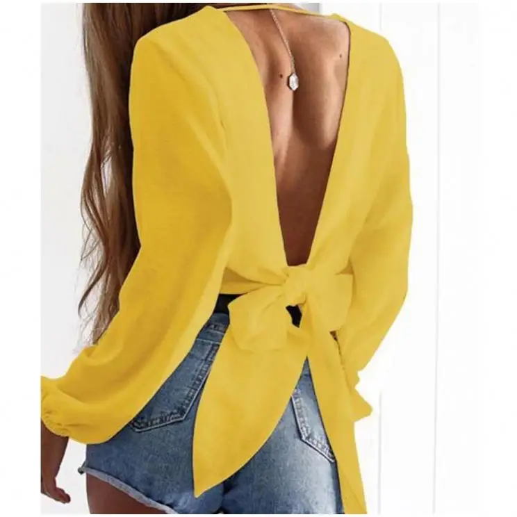 

2019 Female Cloth Open Back Sexy Blouse With Big Bow Women's Clothing Casual