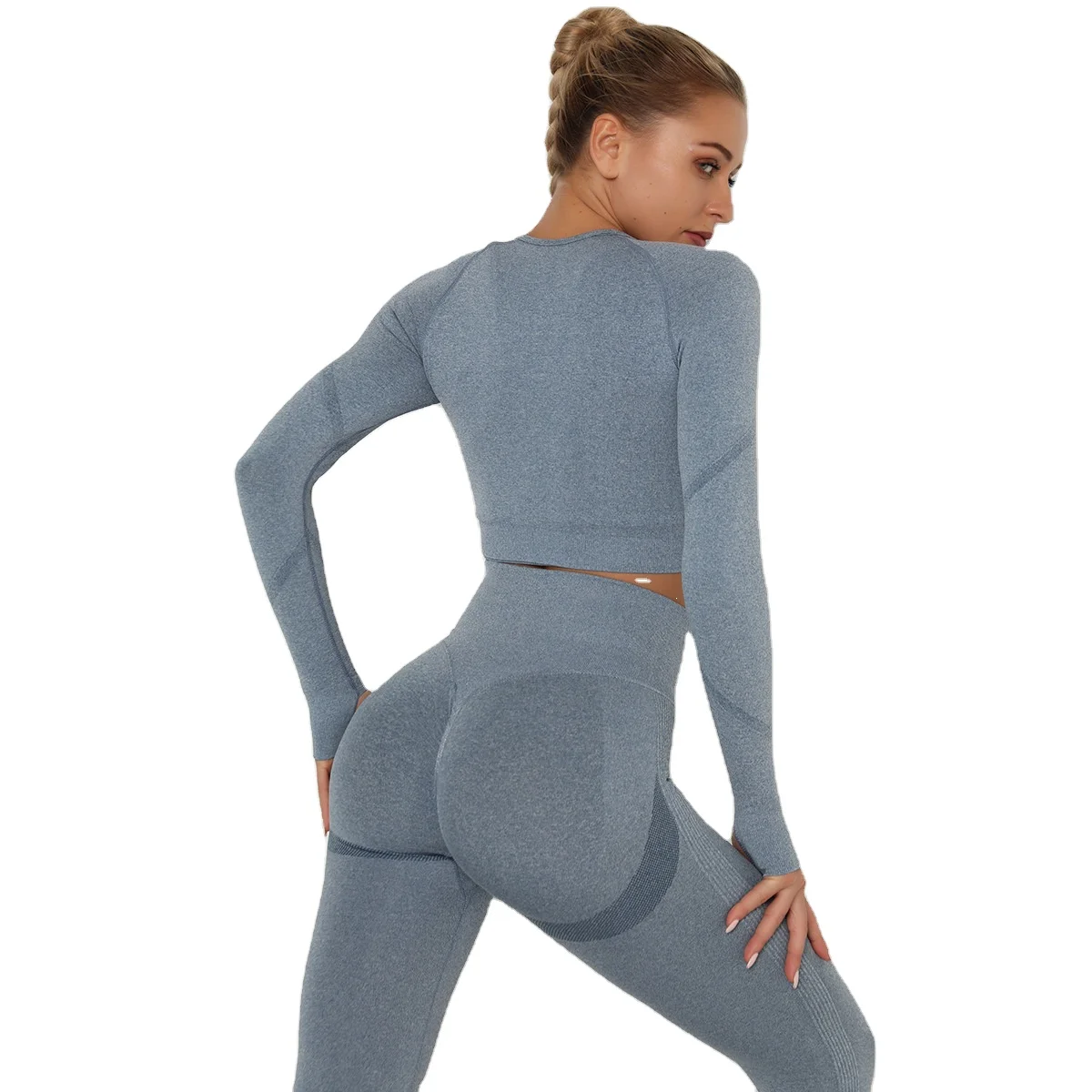

Seamless Women Gym Set Long Sleeve Top High Waist Belly Control Sport Leggings Gym Clothes Seamless Sport Suit Sexy Booty Girls