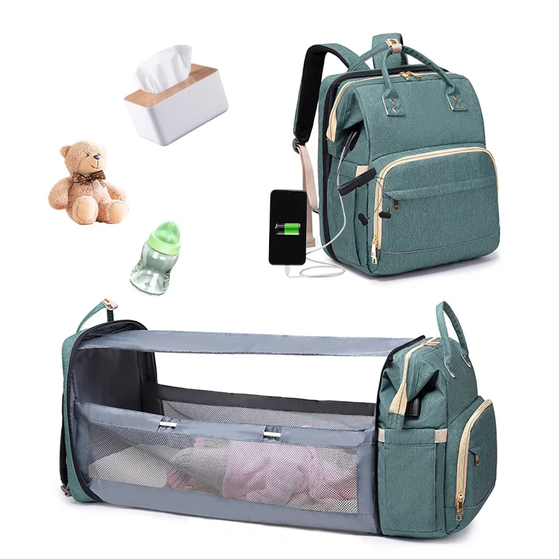 

Baby Diaper Bag Bed Multifunction Usb Mommy Travel Bag Oem Custom Foldable Crib Backpack With Trolley Hook Mommy Backpack Bags, Lake blue / grey / black / navy blue / pink / green